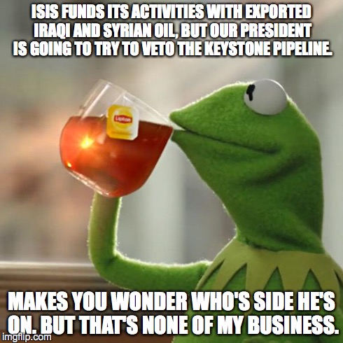 But That's None Of My Business Meme | ISIS FUNDS ITS ACTIVITIES WITH EXPORTED IRAQI AND SYRIAN OIL, BUT OUR PRESIDENT IS GOING TO TRY TO VETO THE KEYSTONE PIPELINE. MAKES YOU WON | image tagged in memes,but thats none of my business,kermit the frog | made w/ Imgflip meme maker