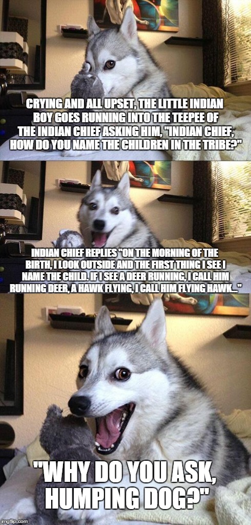 Bad Pun Dog Meme | CRYING AND ALL UPSET, THE LITTLE INDIAN BOY GOES RUNNING INTO THE TEEPEE OF THE INDIAN CHIEF ASKING HIM, "INDIAN CHIEF, HOW DO YOU NAME THE  | image tagged in memes,bad pun dog | made w/ Imgflip meme maker