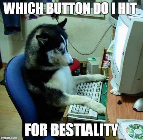 I Have No Idea What I Am Doing | WHICH BUTTON DO I HIT FOR BESTIALITY | image tagged in memes,i have no idea what i am doing | made w/ Imgflip meme maker