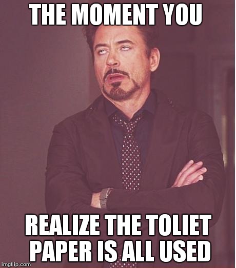 Face You Make Robert Downey Jr | THE MOMENT YOU REALIZE THE TOLIET PAPER IS ALL USED | image tagged in memes,face you make robert downey jr | made w/ Imgflip meme maker
