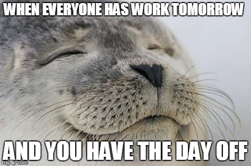 Satisfied Seal Meme | WHEN EVERYONE HAS WORK TOMORROW AND YOU HAVE THE DAY OFF | image tagged in memes,satisfied seal,AdviceAnimals | made w/ Imgflip meme maker