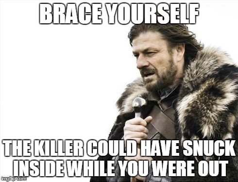 Brace Yourselves X is Coming Meme | BRACE YOURSELF THE KILLER COULD HAVE SNUCK INSIDE WHILE YOU WERE OUT | image tagged in memes,brace yourselves x is coming | made w/ Imgflip meme maker