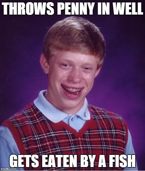 Bad Luck Brian | THROWS PENNY IN WELL GETS EATEN BY A FISH | image tagged in memes,bad luck brian | made w/ Imgflip meme maker