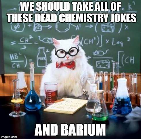 Chemistry Cat | WE SHOULD TAKE ALL OF THESE DEAD CHEMISTRY JOKES AND BARIUM | image tagged in memes,chemistry cat | made w/ Imgflip meme maker
