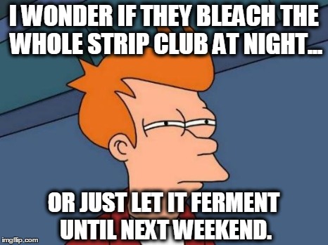 Futurama Fry | I WONDER IF THEY BLEACH THE WHOLE STRIP CLUB AT NIGHT... OR JUST LET IT FERMENT UNTIL NEXT WEEKEND. | image tagged in memes,futurama fry | made w/ Imgflip meme maker