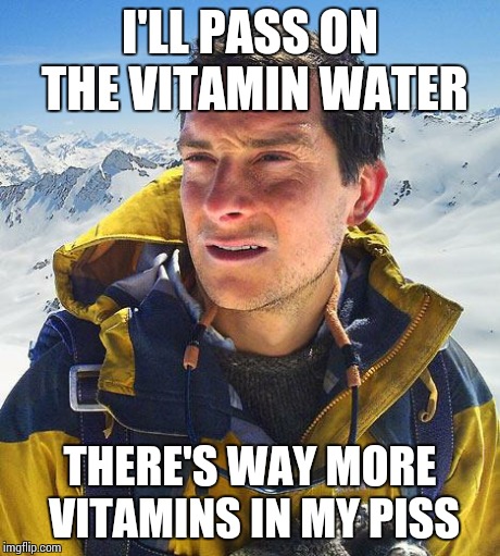 Bear Grylls Meme | I'LL PASS ON THE VITAMIN WATER THERE'S WAY MORE VITAMINS IN MY PISS | image tagged in memes,bear grylls | made w/ Imgflip meme maker
