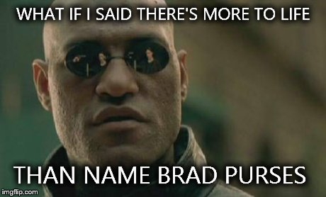 Matrix Morpheus | WHAT IF I SAID THERE'S MORE TO LIFE THAN NAME BRAD PURSES | image tagged in memes,matrix morpheus | made w/ Imgflip meme maker