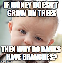 Skeptical Baby | IF MONEY DOESN'T GROW ON TREES THEN WHY DO BANKS HAVE BRANCHES? | image tagged in memes,skeptical baby | made w/ Imgflip meme maker