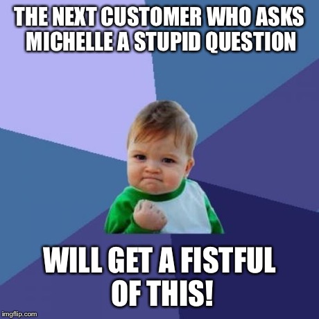 Success Kid | THE NEXT CUSTOMER WHO ASKS MICHELLE A STUPID QUESTION WILL GET A FISTFUL OF THIS! | image tagged in memes,success kid | made w/ Imgflip meme maker