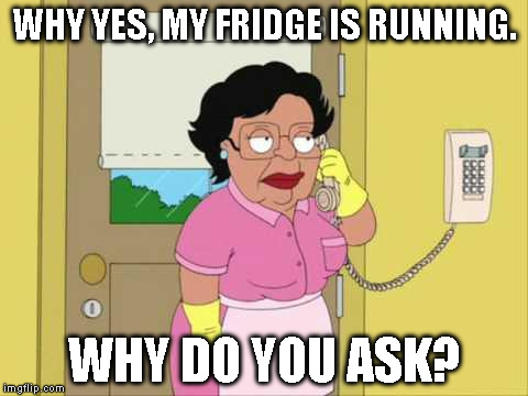 Consuela | WHY YES, MY FRIDGE IS RUNNING. WHY DO YOU ASK? | image tagged in memes,consuela | made w/ Imgflip meme maker