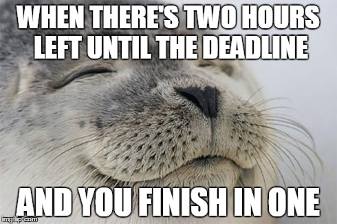 Satisfied Seal Meme | WHEN THERE'S TWO HOURS LEFT UNTIL
THE DEADLINE AND YOU FINISH IN ONE | image tagged in memes,satisfied seal | made w/ Imgflip meme maker