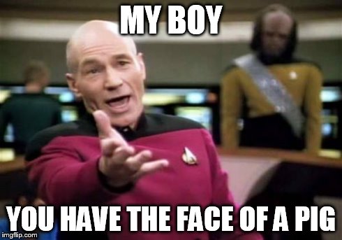 Picard Wtf Meme | MY BOY YOU HAVE THE FACE OF A PIG | image tagged in memes,picard wtf | made w/ Imgflip meme maker
