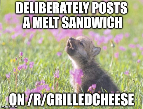 Baby Insanity Wolf | DELIBERATELY POSTS A MELT SANDWICH ON /R/GRILLEDCHEESE | image tagged in memes,baby insanity wolf,AdviceAnimals | made w/ Imgflip meme maker