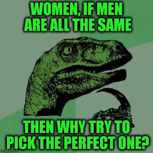 Philosoraptor Meme | WOMEN, IF MEN ARE ALL THE SAME THEN WHY TRY TO PICK THE PERFECT ONE? | image tagged in memes,philosoraptor,funny,too funny | made w/ Imgflip meme maker