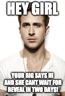 Ryan Gosling | HEY GIRL YOUR BIG SAYS HI AND SHE CANT WAIT FOR REVEAL IN TWO DAYS! | image tagged in memes,ryan gosling | made w/ Imgflip meme maker