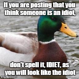 Good Advice Mallard | If you are posting that you think someone is an idiot, don't spell it, IDIET, as you will look like the idiot | image tagged in good advice mallard | made w/ Imgflip meme maker