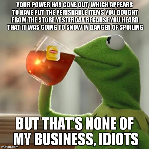 YOUR POWER HAS GONE OUT, WHICH APPEARS TO HAVE PUT THE PERISHABLE ITEMS YOU BOUGHT FROM THE STORE YESTERDAY BECAUSE YOU HEARD THAT IT WAS GO | image tagged in non-refrigerated is better in case of snow,but thats none of my business | made w/ Imgflip meme maker