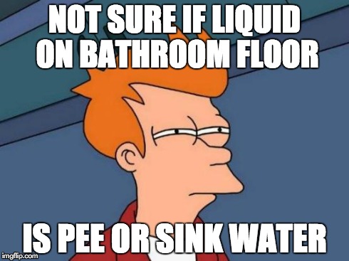 Futurama Fry | NOT SURE IF LIQUID ON BATHROOM FLOOR IS PEE OR SINK WATER | image tagged in memes,futurama fry | made w/ Imgflip meme maker