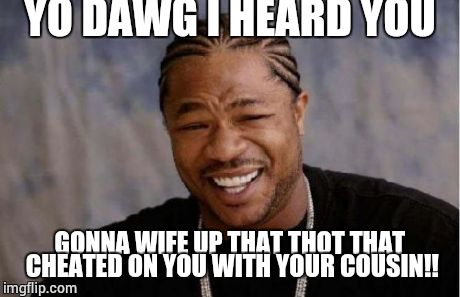 Yo Dawg Heard You Meme | YO DAWG I HEARD YOU GONNA WIFE UP THAT THOT THAT CHEATED ON YOU WITH YOUR COUSIN!! | image tagged in memes,yo dawg heard you | made w/ Imgflip meme maker