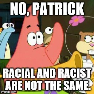 No Patrick | NO, PATRICK RACIAL AND RACIST ARE NOT THE SAME. | image tagged in memes,no patrick | made w/ Imgflip meme maker