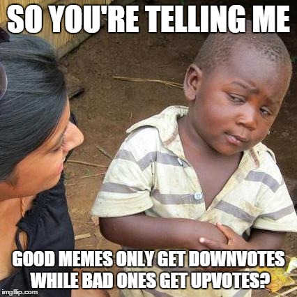 Third World Skeptical Kid | SO YOU'RE TELLING ME GOOD MEMES ONLY GET DOWNVOTES WHILE BAD ONES GET UPVOTES? | image tagged in memes,third world skeptical kid | made w/ Imgflip meme maker