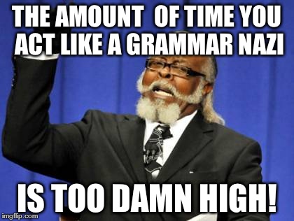 Too Damn High Meme | THE AMOUNT  OF TIME YOU ACT LIKE A GRAMMAR NAZI IS TOO DAMN HIGH! | image tagged in memes,too damn high | made w/ Imgflip meme maker