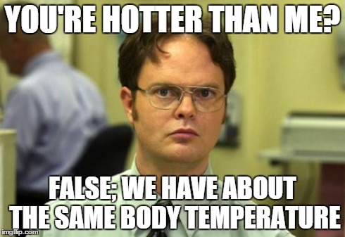 Dwight Schrute Meme | YOU'RE HOTTER THAN ME? FALSE; WE HAVE ABOUT THE SAME BODY TEMPERATURE | image tagged in memes,dwight schrute | made w/ Imgflip meme maker
