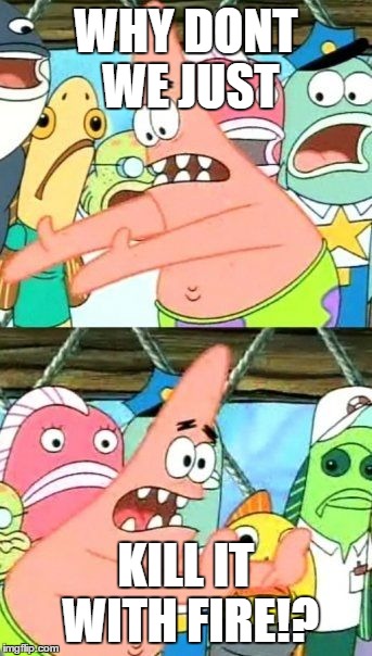 WHY DONT WE JUST KILL IT WITH FIRE!? | image tagged in memes,put it somewhere else patrick | made w/ Imgflip meme maker