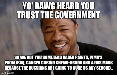 Yo Dawg Heard You | YO' DAWG HEARD YOU TRUST THE GOVERNMENT SO WE GOT YOU SOME LEAD BASED PAINTS, WMD'S FROM IRAQ, CANCER CURING CHEMO-DRUGS AND A GAS MASK BECA | image tagged in memes,yo dawg heard you | made w/ Imgflip meme maker