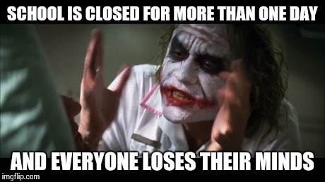 And everybody loses their minds Meme | SCHOOL IS CLOSED FOR MORE THAN ONE DAY AND EVERYONE LOSES THEIR MINDS | image tagged in memes,and everybody loses their minds | made w/ Imgflip meme maker