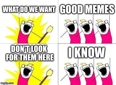 What Do We Want Meme | WHAT DO WE WANT GOOD MEMES DON'T LOOK FOR THEM HERE I KNOW | image tagged in memes,what do we want | made w/ Imgflip meme maker