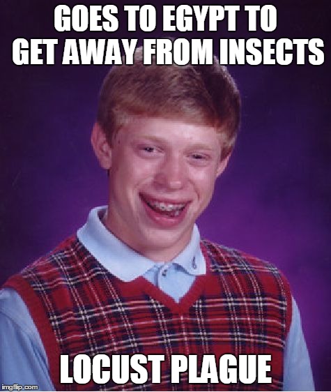 Bad Luck Brian | GOES TO EGYPT TO GET AWAY FROM INSECTS LOCUST PLAGUE | image tagged in memes,bad luck brian | made w/ Imgflip meme maker