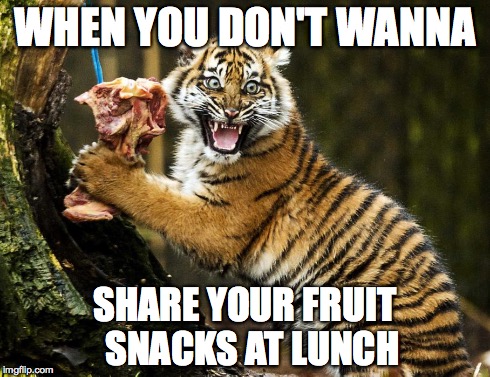 WHEN YOU DON'T WANNA SHARE YOUR FRUIT SNACKS AT LUNCH | image tagged in sharing,cat,tiger,fruit snacks | made w/ Imgflip meme maker