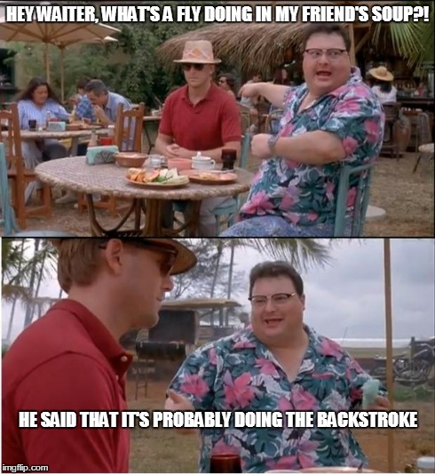 See Nobody Cares | HEY WAITER, WHAT'S A FLY DOING IN MY FRIEND'S SOUP?! HE SAID THAT IT'S PROBABLY DOING THE BACKSTROKE | image tagged in memes,see nobody cares | made w/ Imgflip meme maker
