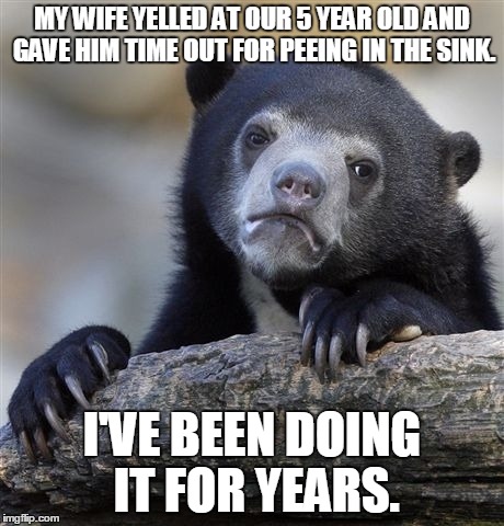 Confession Bear | MY WIFE YELLED AT OUR 5 YEAR OLD AND GAVE HIM TIME OUT FOR PEEING IN THE SINK. I'VE BEEN DOING IT FOR YEARS. | image tagged in memes,confession bear,AdviceAnimals | made w/ Imgflip meme maker