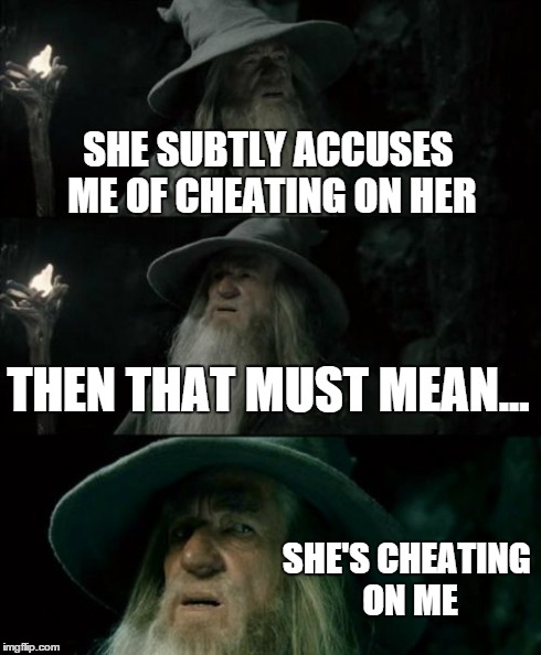 Confused Gandalf Meme | SHE SUBTLY ACCUSES ME OF CHEATING ON HER THEN THAT MUST MEAN... SHE'S CHEATING ON ME | image tagged in memes,confused gandalf | made w/ Imgflip meme maker