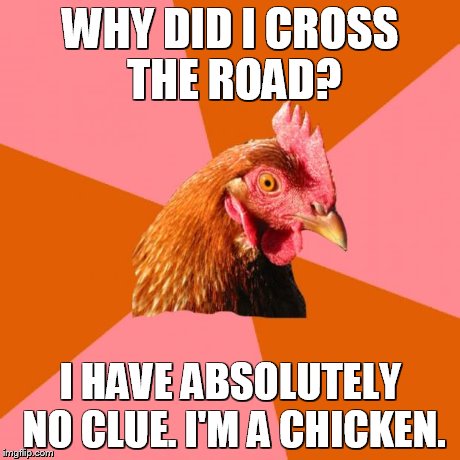 WHY DID I CROSS THE ROAD? I HAVE ABSOLUTELY NO CLUE. I'M A CHICKEN. | image tagged in anti joke chicken,memes | made w/ Imgflip meme maker