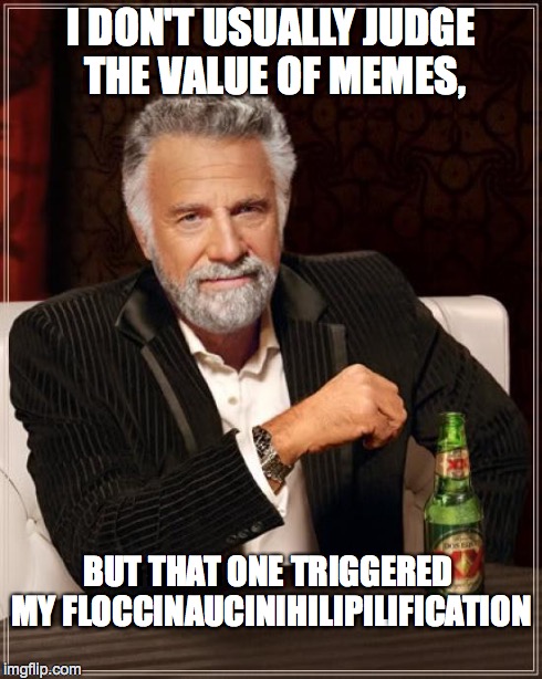 The Most Interesting Man In The World Meme | I DON'T USUALLY JUDGE THE VALUE OF MEMES, BUT THAT ONE TRIGGERED MY FLOCCI­NAUCINI­HILIPIL­IFICATION | image tagged in memes,the most interesting man in the world | made w/ Imgflip meme maker