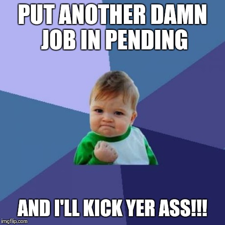 Success Kid Meme | PUT ANOTHER DAMN JOB IN PENDING AND I'LL KICK YER ASS!!! | image tagged in memes,success kid | made w/ Imgflip meme maker