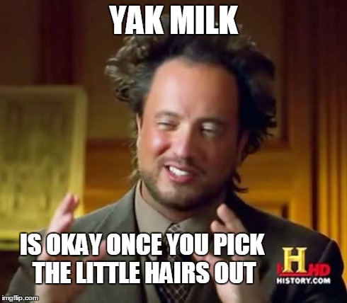Ancient Aliens Meme | YAK MILK IS OKAY ONCE YOU PICK THE LITTLE HAIRS OUT | image tagged in memes,ancient aliens | made w/ Imgflip meme maker