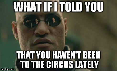 Matrix Morpheus Meme | WHAT IF I TOLD YOU THAT YOU HAVEN'T BEEN TO THE CIRCUS LATELY | image tagged in memes,matrix morpheus | made w/ Imgflip meme maker