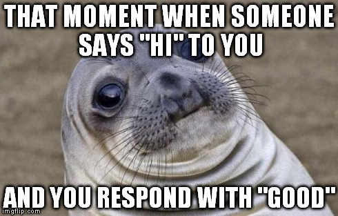 Awkward Moment Sealion | THAT MOMENT WHEN SOMEONE SAYS "HI" TO YOU AND YOU RESPOND WITH "GOOD" | image tagged in memes,awkward moment sealion | made w/ Imgflip meme maker