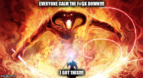 Gandlaf's got this!! | EVERYONE CALM THE F#$K DOWN!!!! I GOT THIS!!!! | image tagged in lord of the rings | made w/ Imgflip meme maker