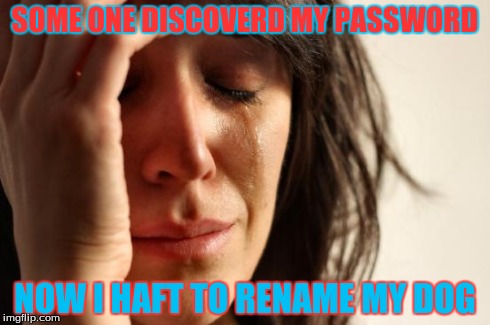 First World Problems Meme | SOME ONE DISCOVERD MY PASSWORD NOW I HAFT TO RENAME MY DOG | image tagged in memes,first world problems | made w/ Imgflip meme maker