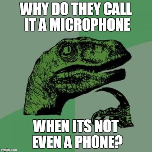 Philosoraptor | WHY DO THEY CALL IT A MICROPHONE WHEN ITS NOT EVEN A PHONE? | image tagged in memes,philosoraptor | made w/ Imgflip meme maker