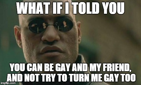 Matrix Morpheus Meme | WHAT IF I TOLD YOU YOU CAN BE GAY AND MY FRIEND, AND NOT TRY TO TURN ME GAY TOO | image tagged in memes,matrix morpheus | made w/ Imgflip meme maker