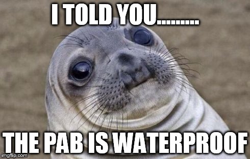Awkward Moment Sealion | I TOLD YOU......... THE PAB IS WATERPROOF | image tagged in memes,awkward moment sealion | made w/ Imgflip meme maker