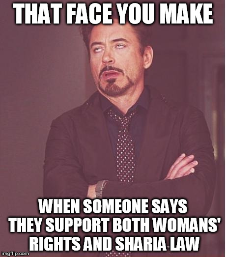 Face You Make Robert Downey Jr Meme | THAT FACE YOU MAKE WHEN SOMEONE SAYS THEY SUPPORT BOTH WOMANS' RIGHTS AND SHARIA LAW | image tagged in memes,face you make robert downey jr | made w/ Imgflip meme maker