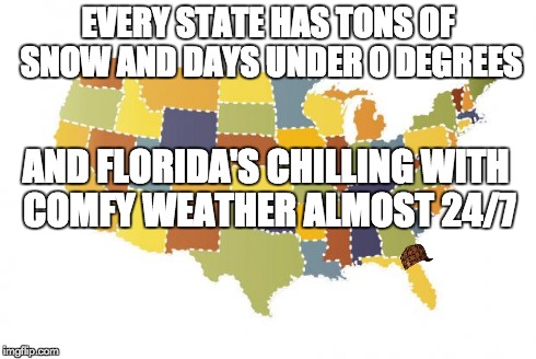 us maps | EVERY STATE HAS TONS OF SNOW AND DAYS UNDER 0 DEGREES AND FLORIDA'S CHILLING WITH COMFY WEATHER ALMOST 24/7 | image tagged in us maps,scumbag | made w/ Imgflip meme maker