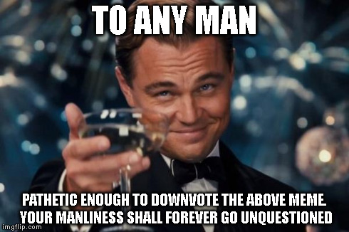 Leonardo Dicaprio Cheers Meme | TO ANY MAN PATHETIC ENOUGH TO DOWNVOTE THE ABOVE MEME. YOUR MANLINESS SHALL FOREVER GO UNQUESTIONED | image tagged in memes,leonardo dicaprio cheers | made w/ Imgflip meme maker